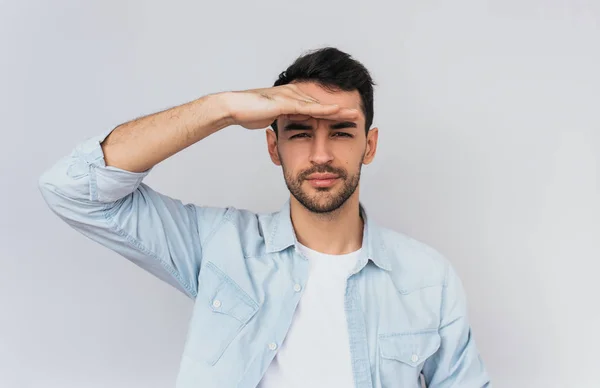 Studio Portrait Handsome Positive Male Keeping His Hand His Eyes — Stock Photo, Image