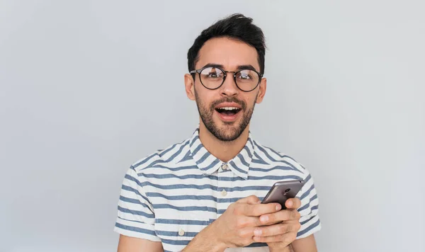 Happy Handsome Surprised Male Wearing Striped Shirt Reound Spectalces Using — Stock Photo, Image