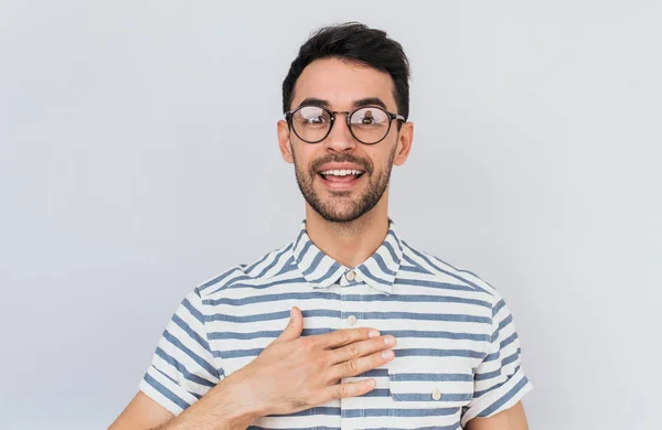 Portrait Handsome Bearded Young Smiling Man Points Himself Being Surprised — Stock Photo, Image