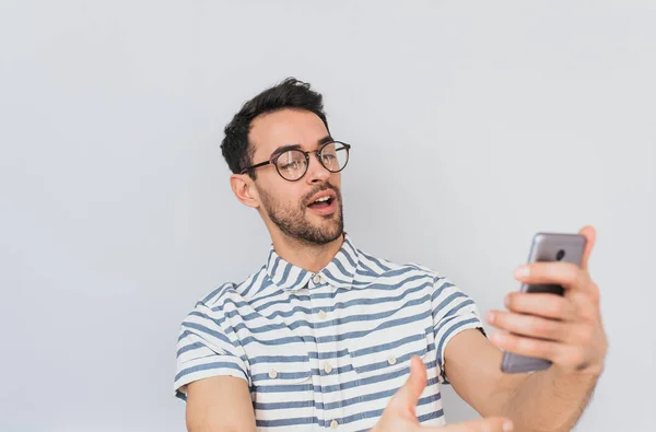 Happy Young European Bearded Man Wears Striped Shirt Glasses Making Stock Photo