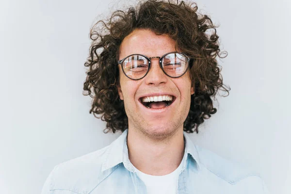 Closeup Studio Shot Handsome Freckled Positive Smiling Male Posing Social — Stock Photo, Image