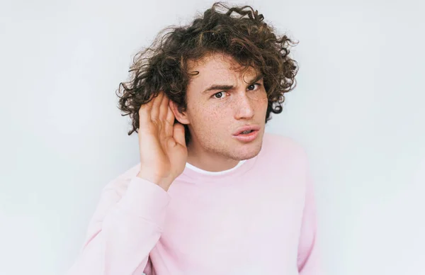 Handsome Interested Male Curly Hair Placing Hand Ear Asking Someone — Stock Photo, Image
