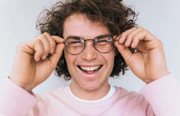 Cropped Closeup Portrait Handsome Freckled Positive Male Curly Hair Healthy — Stock Photo, Image