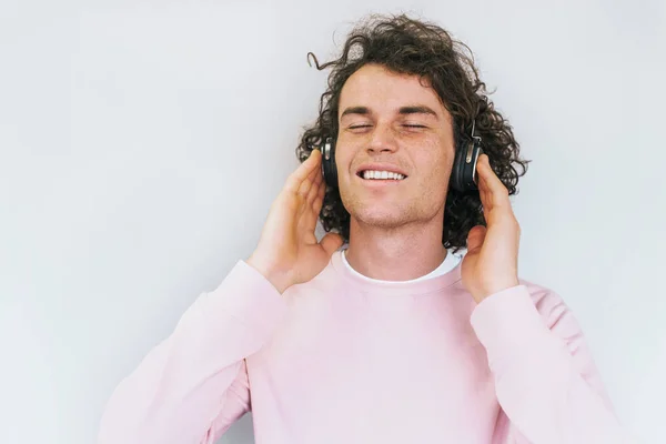 Stylish Attractive Young Male Model Curly Hair Freckles Wearing Pink — Stock Photo, Image