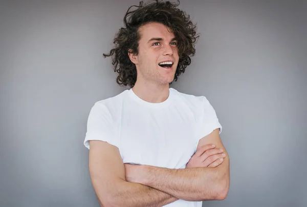 Horizontal Portrait Handsome Happy Young Male Curly Hair Wearing White — Stock Photo, Image