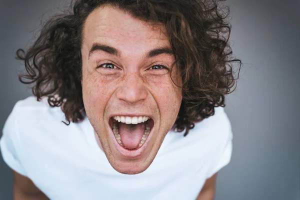 Closeup Portrait Attractive Curly Hair Amazed Handsome Man Has Excited — Stock Photo, Image