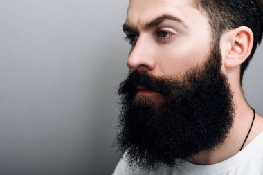 Yakın acımasız yakışıklı beyaz erkek portresi kadar modaya uygun sakal ve bıyık, gri studio arka plan üzerinde poz ile kesilmiş. Sakallı Kuaför Avrupa man modeli yüzünde kendinden emin ifade ile