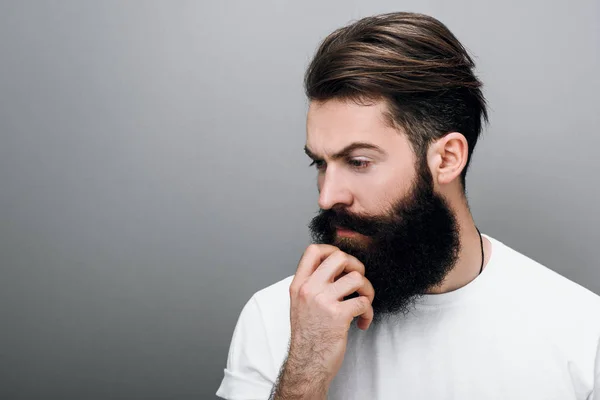 Close up portrait of handsome masculine young bearded man is keeping hand on beard and looking down, on a gray studio background with copy space. Portrait of young European hipster with trendy beard.