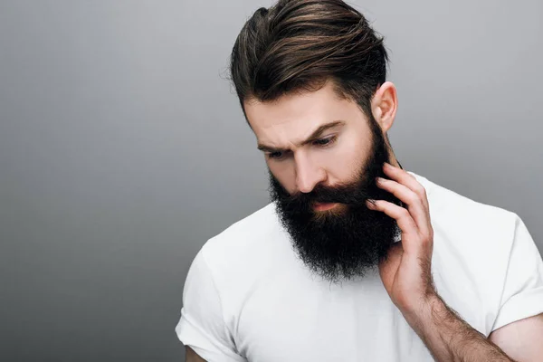 Retrato Horizontal Del Joven Barbudo Guapo Brutal Corrige Bigote Barba — Foto de Stock