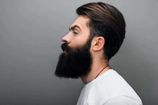 Side View Masculine Caucasian Bearded Male Wearing Casual White Shirt — Stock Photo, Image