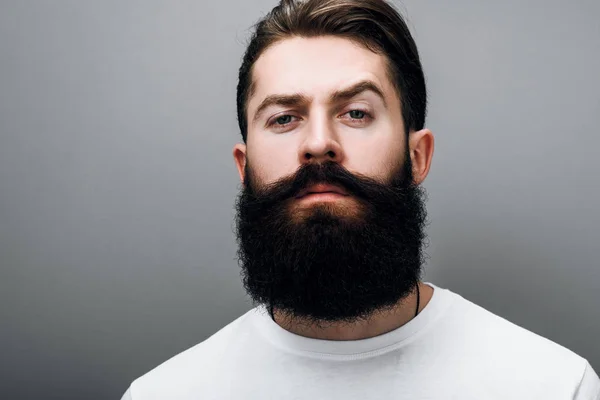 Cropped Portrait Brutal Handsome Caucasian Male Trendy Beard Mustache Posing — Stock Photo, Image