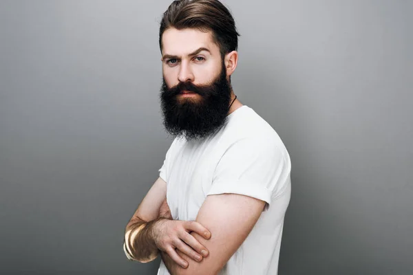 Brutal Caucasian Male Thick Beard Mustache Dressed Casual White Shirt Stock Image