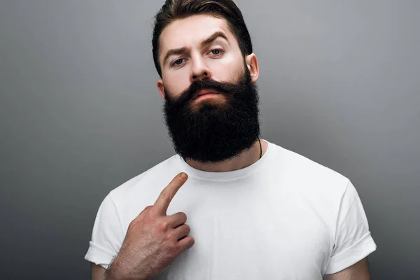 Clsoe Cropped Portrait Brutal Handsome Caucasian Male Indicate His Trendy Royalty Free Stock Photos