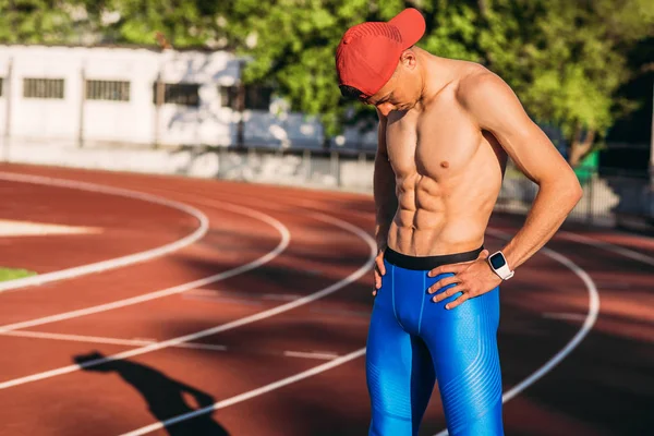 Sport People Horizontal Shot Topless Athlete Male Standing Running Track — Stock Photo, Image