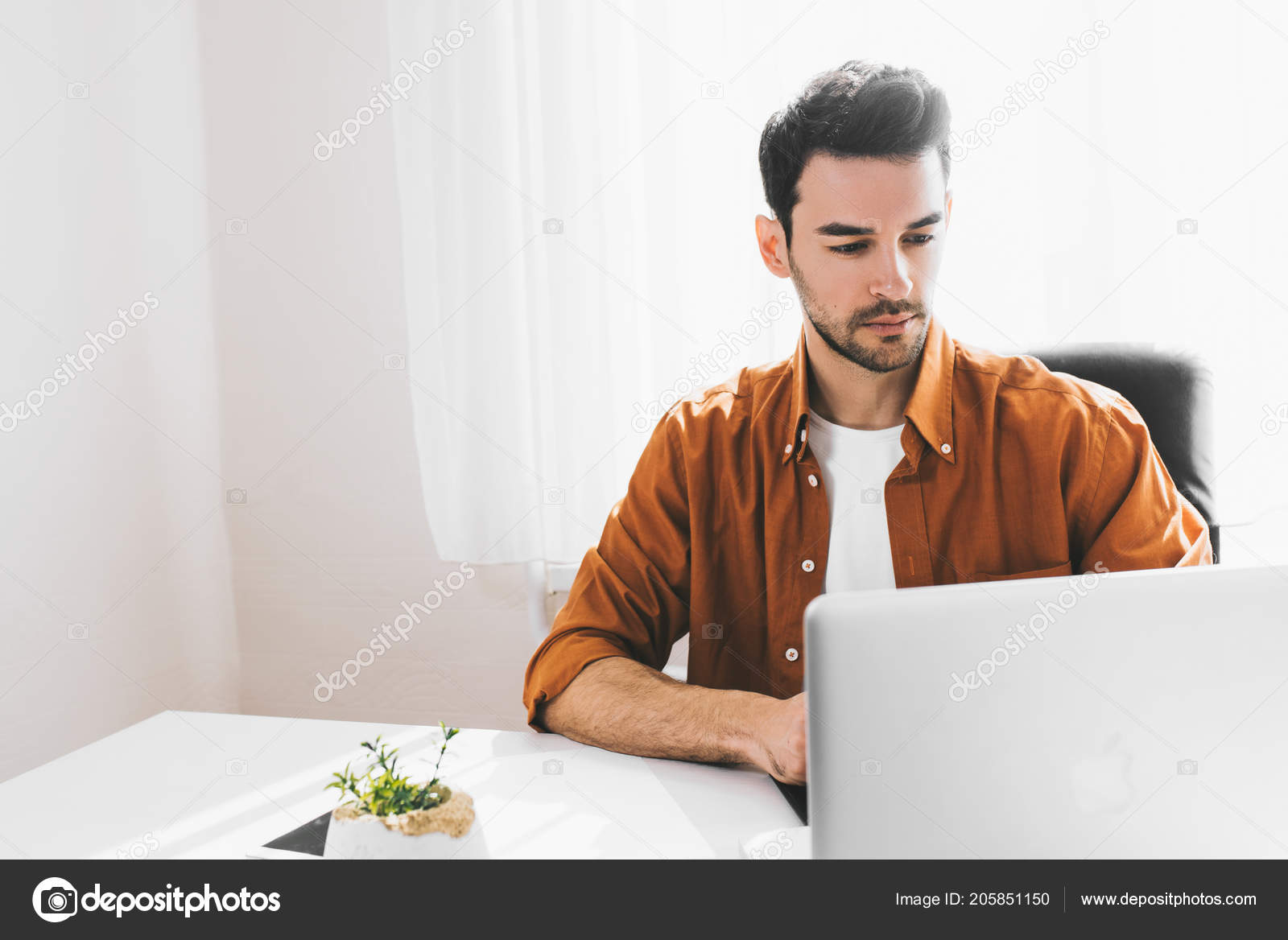 Candid Shot Serious Young Caucasian Manager Sitting Home Generic