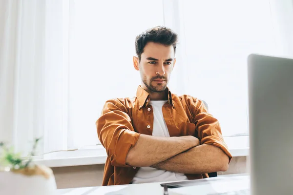 Serious Handsome Male Freelancer Sitting Front Computer Serious Thoughtful Expression — Stock Photo, Image