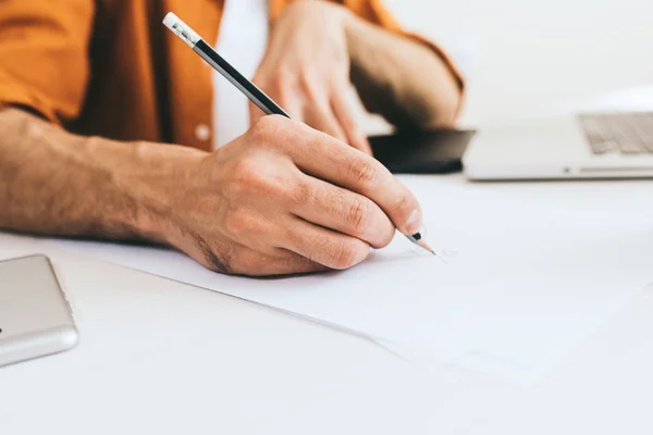 Attractive Close Cropped Shot Businessman Hand Pencil Analyzing Investment Charts — Stock Photo, Image