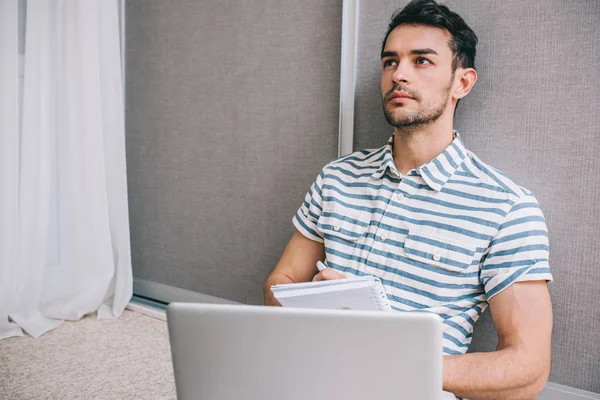 Shot Cheerful Young European Man Stylish Shirt Sitting Floor Home — Stock Photo, Image