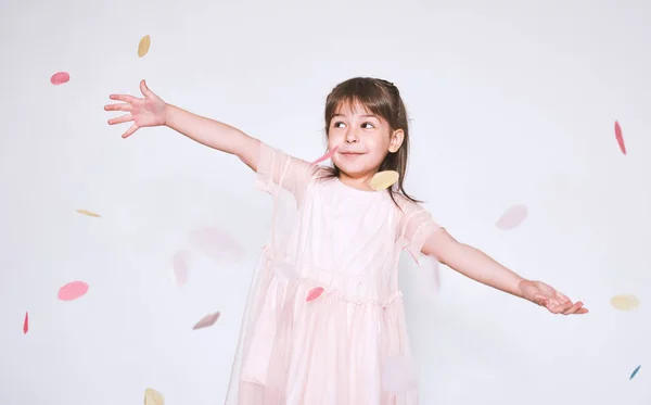 Pretty Girl Wearing Pink Dress Isolated White Background — Stock Photo, Image