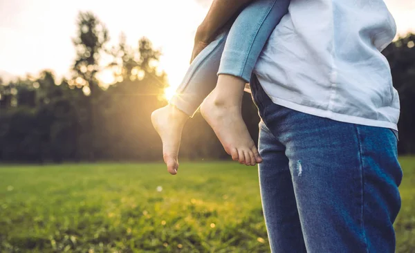 Horizontal Cropped Image Beautiful Woman Embrace Her Girl Outdoor Loving — Stock Photo, Image