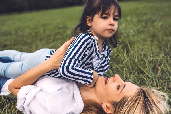 Side View Beautiful Woman Playing Her Cute Little Girl Green — Stock Photo, Image