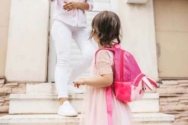 Image Mother Standing Stairs Home Saying Goodbye Her Daughter She — Stock Photo, Image