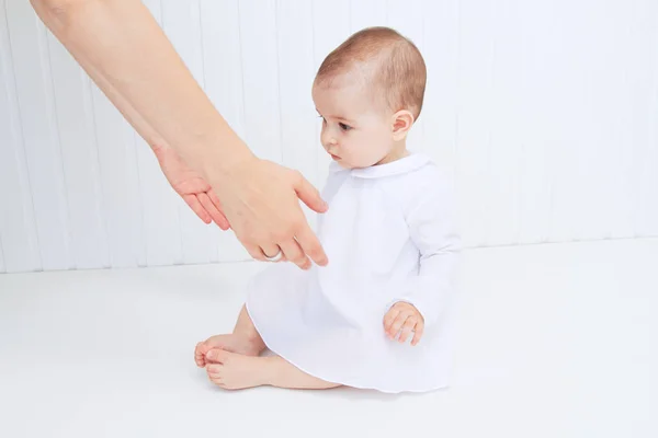 Beautiful Baby Mother Hands Help White Background — Stock Photo, Image