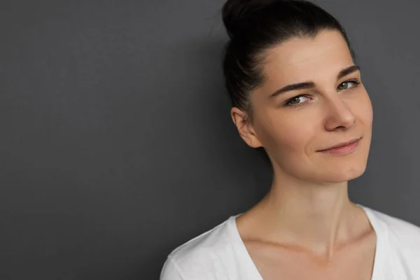 Horizontal Close Portrait Friendly Happy Brunette Caucasian Woman Wearing Casual — Stock Photo, Image