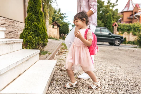 Cropped Image Mother Pupil Daughter Going Back Home Kindergarten Good — Stock Photo, Image