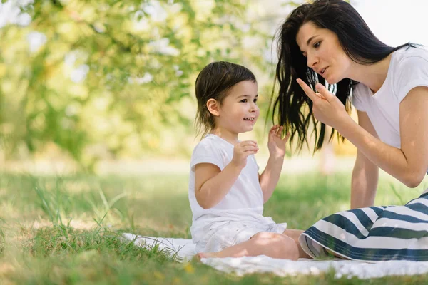 Motherhood Childhood Pretty Mother Her Cute Little Daughter Caring Playing — Stock Photo, Image