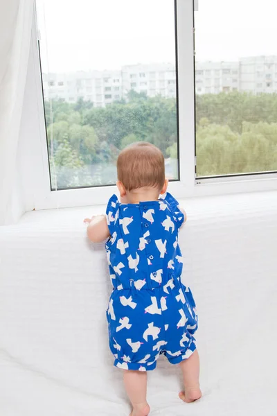 Beautiful Baby Standing Next Window Look — Stock Photo, Image