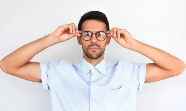 Unshaven Handsome Serious Male Touches Rim Spectacles Has Bad Eyesight — Stock Photo, Image