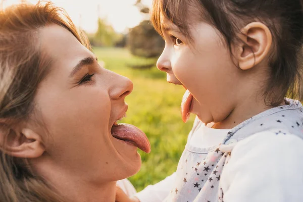 Horizontal Close Portrait Happy Joyful Child Her Beautiful Mother Playing — Stock Photo, Image