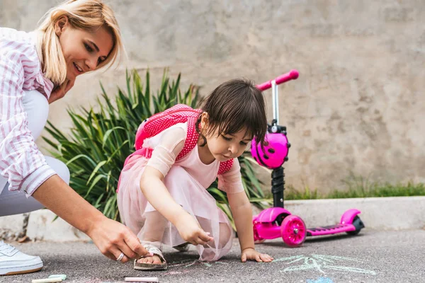 Happy Cute Little Girl Wears Dress Mother Drawing Colorful Chalks — стоковое фото
