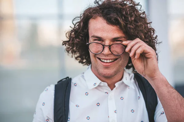 Horizonrtal Close Portrait Happy Smiling Handsome Male Curly Hair Looks Stock Photo