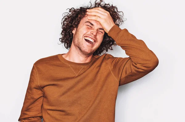 Studio Shot Handsome Freckled Positive Laughing Smiling Male Posing Social — Stock Photo, Image