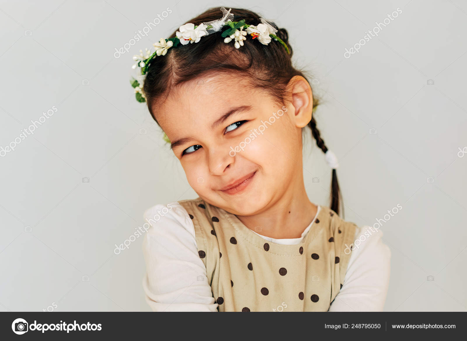 Funny Little Girl Adorable Hairstyle With Flowers Smiling