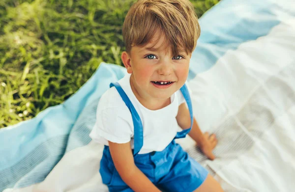 Вид сверху на симпатичного мальчика, сидящего на одеяле и смотрящего в камеру. Счастливый ребенок наслаждается летом в парке. Красивый ребенок широко улыбается и веселится на солнечном свете на открытом воздухе. Детство — стоковое фото