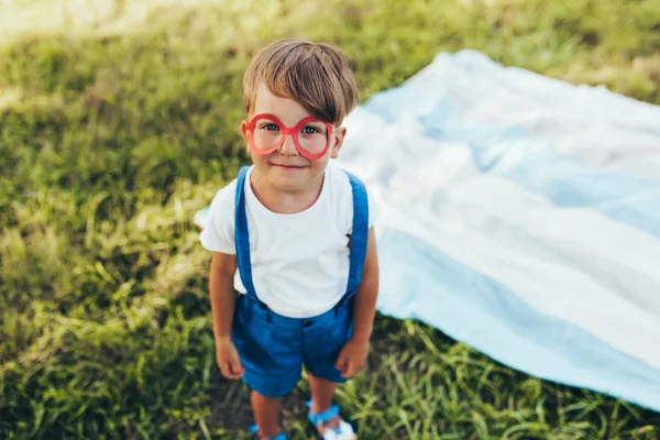 Top kép vicces kisfiú viselt kék nadrág és piros pohár játszik a természet háttérben. Vidám gyermek pózol a zöld fű a parkban. Kid szórakozik napfényben szabadban. Gyermekkori. — Stock Fotó