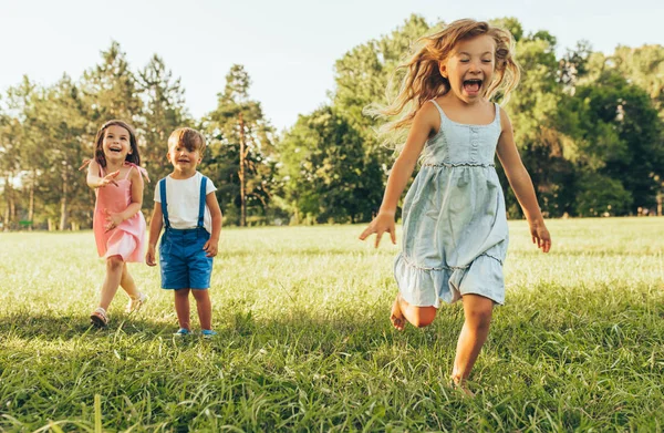 Immagine orizzontale di un gruppo di bambini felici di ragazzo e ragazze che corrono nel parco sull'erba verde in una giornata estiva. Amicizia e concetto di infanzia — Foto Stock