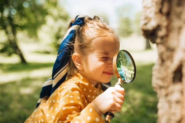 자연과 곤충 야외를 탐험 돋보기 귀여운 호기심 아이. 돋보기와 숲에서 재생 사랑스러운 어린 소녀. 공원에서 화창한 날에 돋보기를 통해 보는 아이 — 스톡 사진