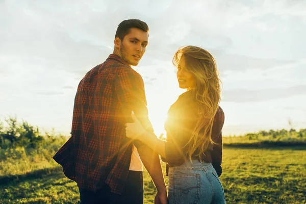 Rear View Awesome Couple Field Sunset Background Handsome Guy Plaid — Stock Photo, Image