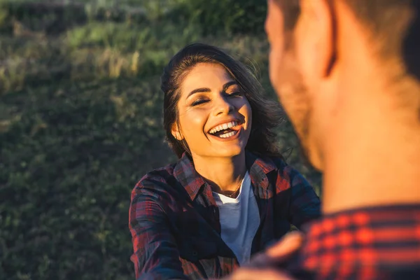 Happy Couple Have Fun Nature Background Rear View Handsome Caucasian — Stock Photo, Image