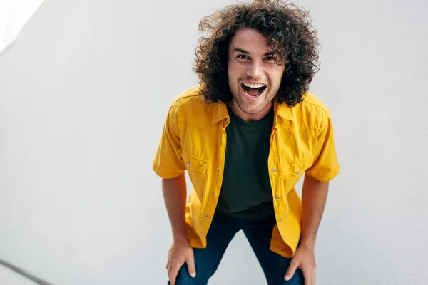 Half Length Image Cheerful Handsome Man Curly Hair Smiling Broadly — Stock Photo, Image