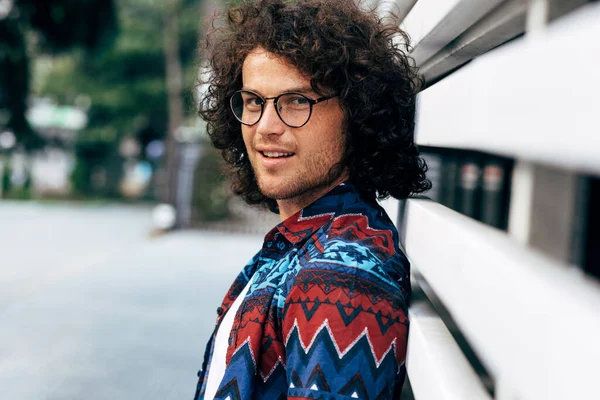 Handsome Stylish Young Man Curly Hair Smiling Wearing Colorful Shirt — Stock Photo, Image