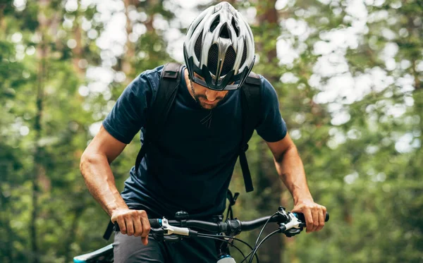 Horizontal Outdoor Image Cyclist Man Riding Bike Mountain Male Athlete — Stock Photo, Image