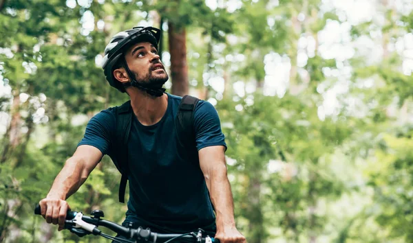 Outdoor Image Handsome Cyclist Man Riding Bike Mountain Male Athlete — Stock Photo, Image