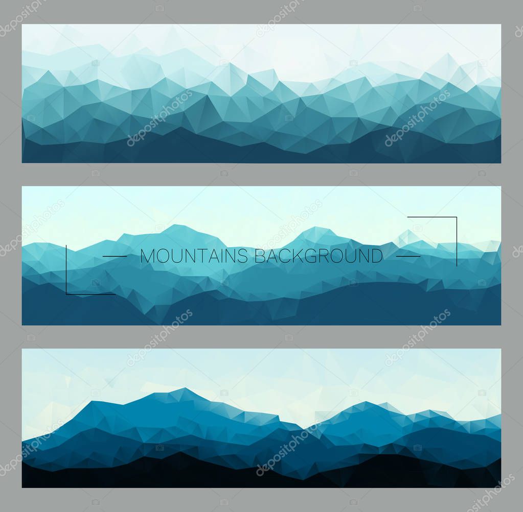 Set of polygonal mountain landscapes in different colors. Vector background in geometric style. Creative vector illustration.