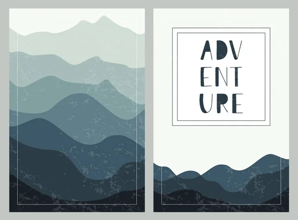 Fondos Montañas Capas Con Letras Dibujadas Mano Aventura Conjunto Tarjetas — Vector de stock