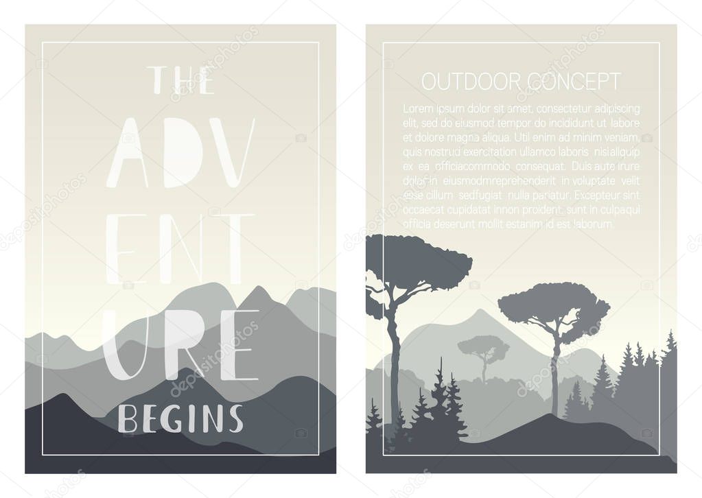 Set of nature landscape backgrounds with mountains, trees and handwritten phrase - The adventure begins. Vector templates for brochures, flyers, covers, posters, cards and invitations. Outdoor design.